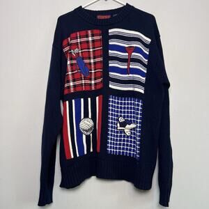 Vintage Pivot Rules Mens Golf Cable Knit Sweater Navy Blue Sz M Chunky Cotton